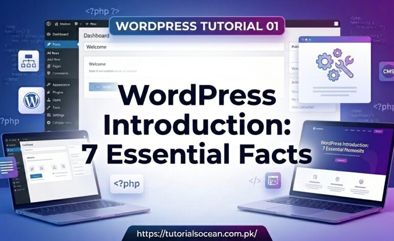 WordPress Introduction guide showing dashboard and logo for beginners